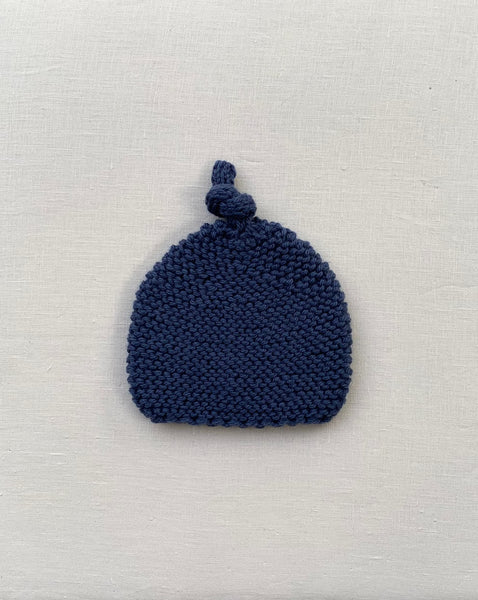 Knitted by Nana Top Knot Beanie - Blue Denim