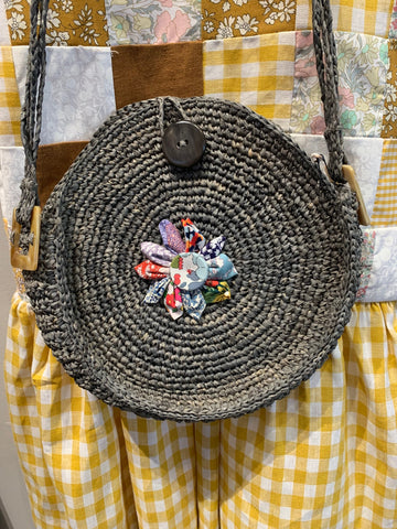 French Handmade Straw Round Bag - Grey