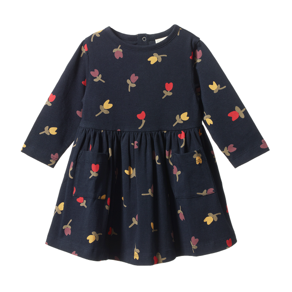 Nature Baby L/S Twirl Dress Navy Tulip Print