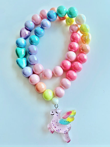 Red Bobble Pink Glitter Unicorn Necklace