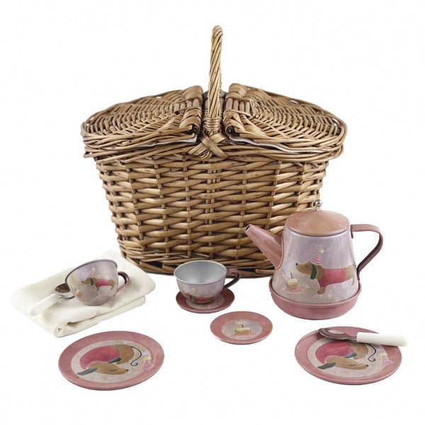 Egmont Tin Tea Set Wicker Basket  Musical Dog