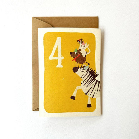 Florence Fry Number 4 Party Animals Birthday Card