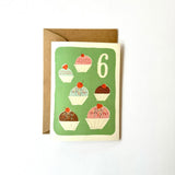 Florence Fry Number 6 Cupcakes Birthday Card Green