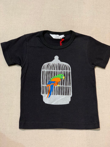 Miinot Printed and Embroidered Tee - Bird in Cage BLACK