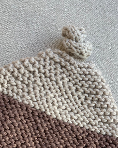 Knitted by Nana Top Knot Beanie - Contast Brown