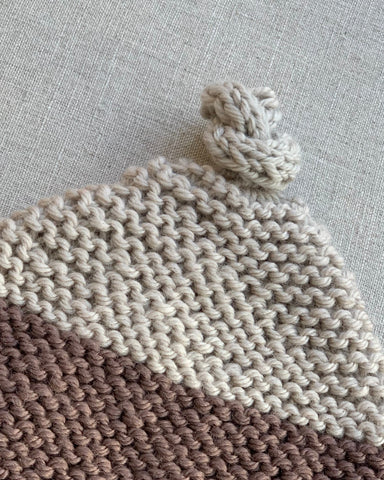 Knitted by Nana Top Knot Beanie - Contast Brown