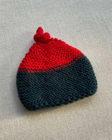 Knitted by Nana Top Knot Beanie - Contrast Red