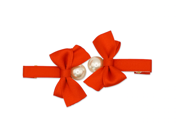 Milk x Soda Satin Bow with Pearl Ribbon Hair Clip - Twin Pack RED