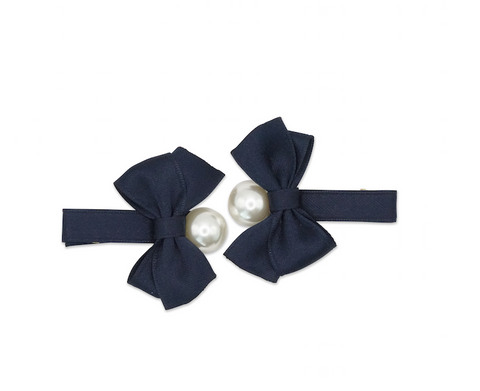 Milk x Soda Satin Bow with Pearl Ribbon Hair Clip - Twin Pack NAVY