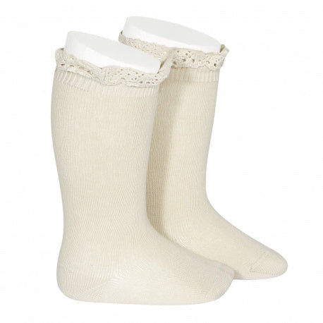 Condor Knee High Sock with Lace Edging Cuff (#304 Lino) Linen