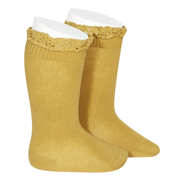Condor Knee High Sock with Lace Edging Cuff (#629 Mostazo) Mustard