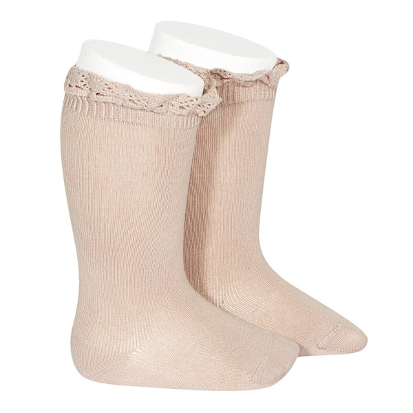Condor Knee High Sock with Lace Edging Cuff (#544 Rosa Empo) Old Rose