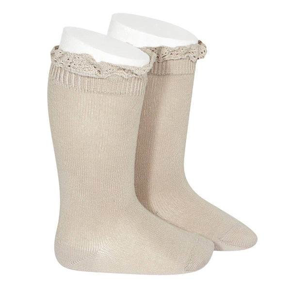 Condor Knee High Sock with Lace Edging Cuff (#334 Piedra) Stone