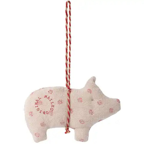 Maileg Mini Fabric Pig Christmas Ornament - Natural with red spot