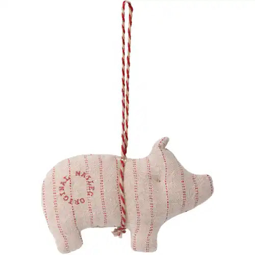 Maileg Mini Fabric Pig Christmas Ornament - Natural with red pin stripe