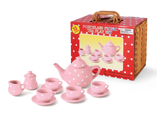 Ceramic Tea Set in Basket Pink Polka Dot