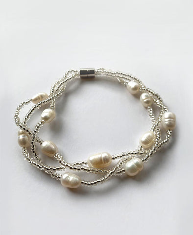 Elpida Silver Pear and Bead Bracelet with Magnetic Clasp