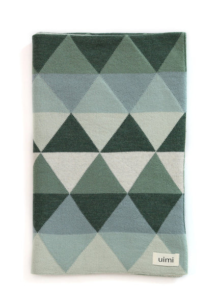 Uimi Indiana Double Sided Triangle Blanket in Merino Wool. Size: Bassinet. Colour: Lagoon