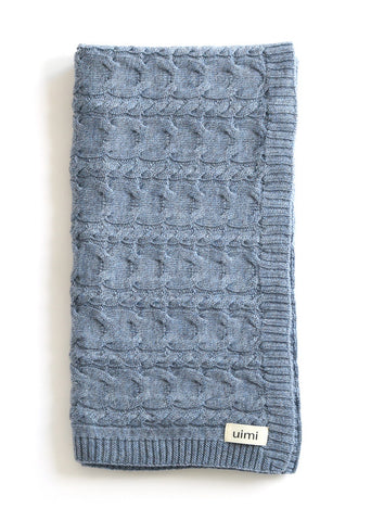 Uimi Valentina Cable Merino Blanket. Size: Bassinet. Colour: Cornflower